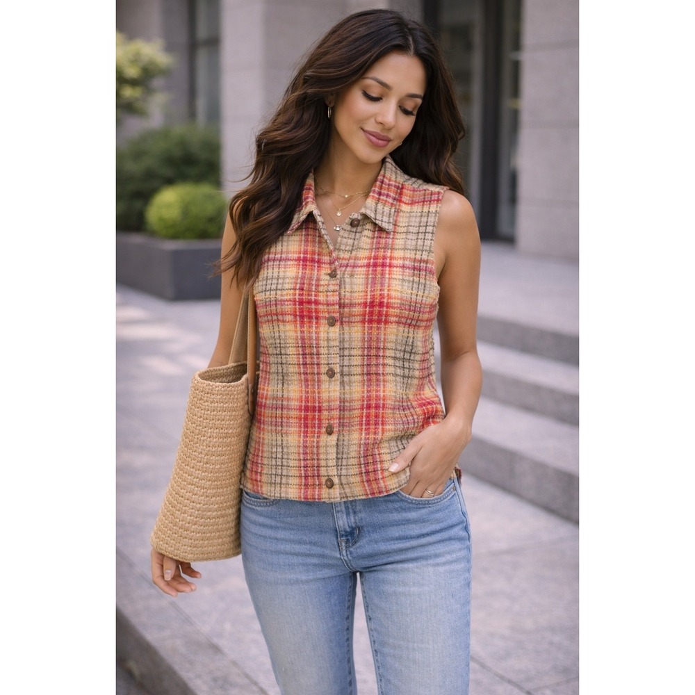 Christopher & Banks Plaid Waffle Knit Vest Large Orange Red Yellow Button Up L